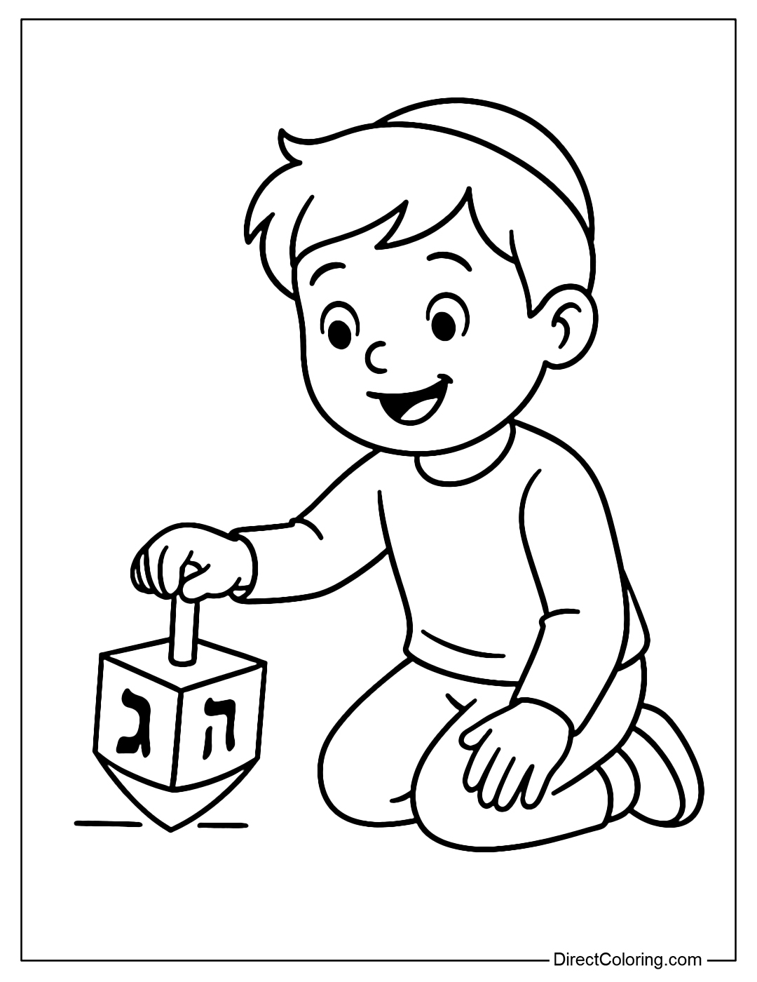Coloring page of a dreidel with Hebrew letters and a child playing happily.